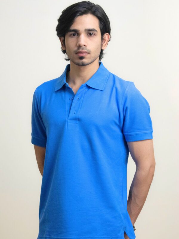 Sky blue pique polo closeup image