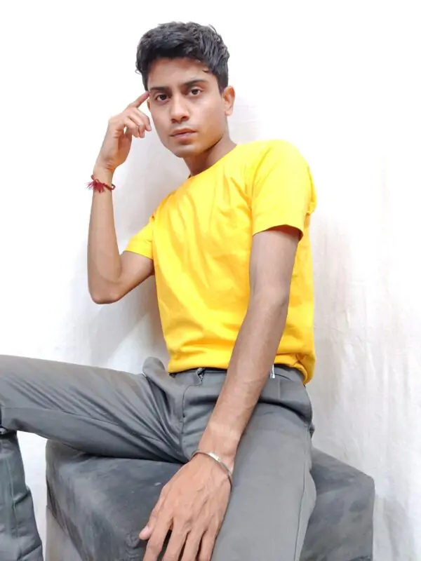 yellow round neck t shirt sitting image