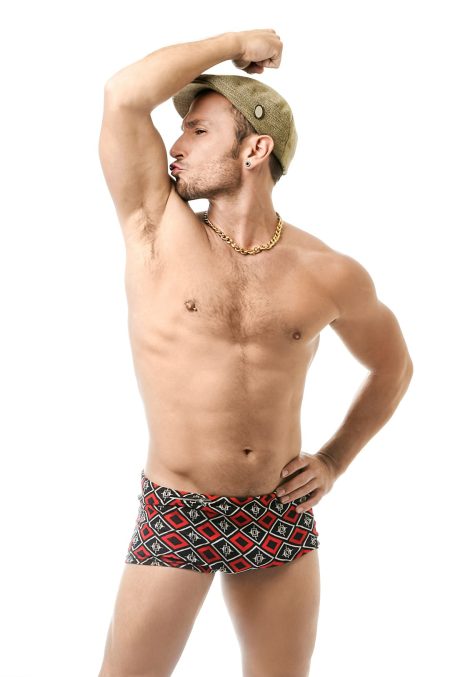 Man wearing boxer briefs that cover the upper thigh